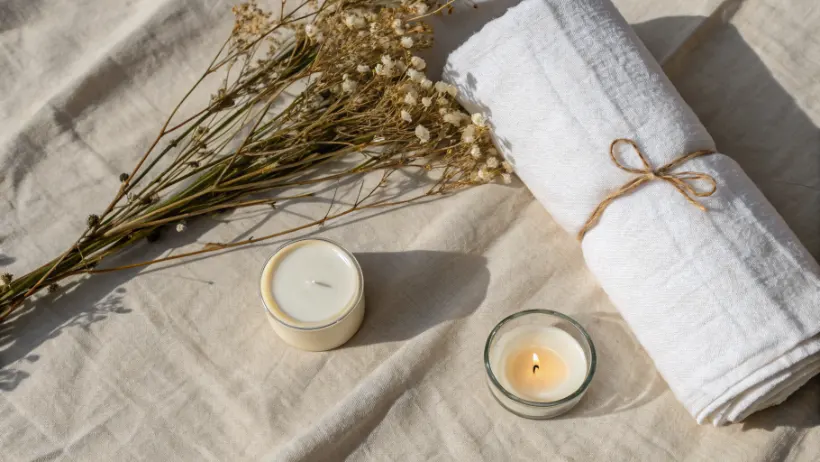 Self-care flat lay with belly band fabric and candle