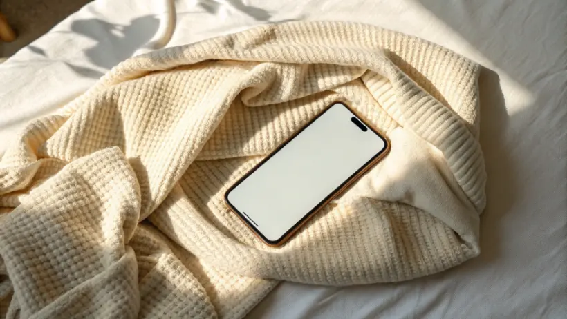Cozy flat lay with smartphone on cream blanket