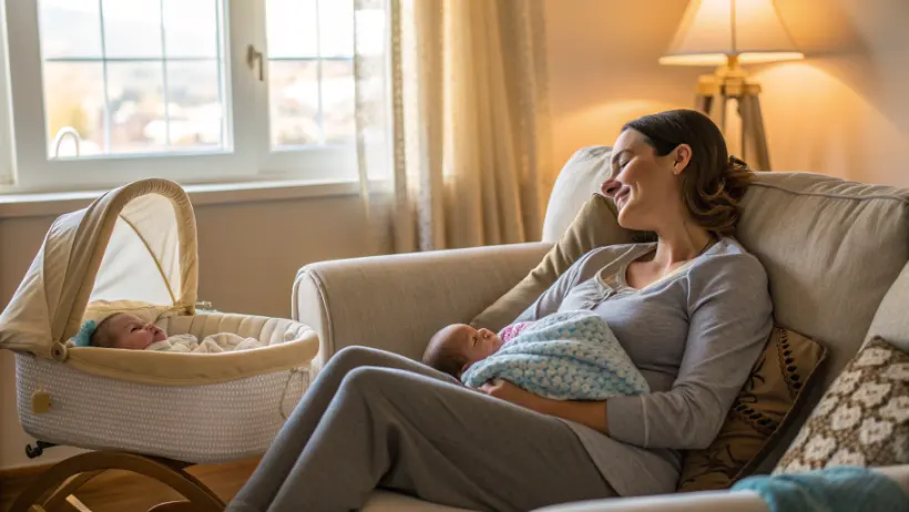 New mom resting comfortably at home during postpartum recovery with baby nearby
