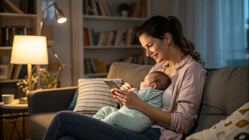 New mom browsing her phone mindfully during a quiet postpartum moment at home