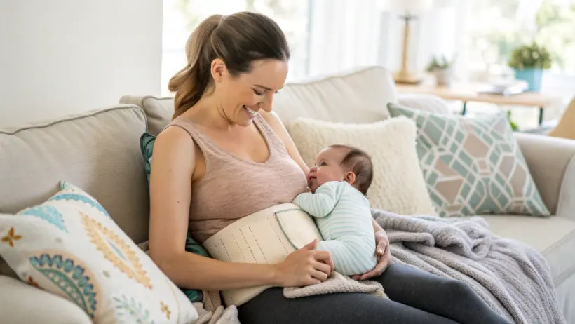 New mom at home wearing a belly band postpartum, resting comfortably during recovery