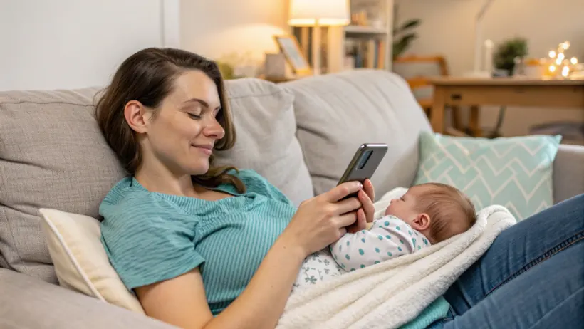 New mom relaxing on a sofa with her phone during postpartum recovery, baby nearby