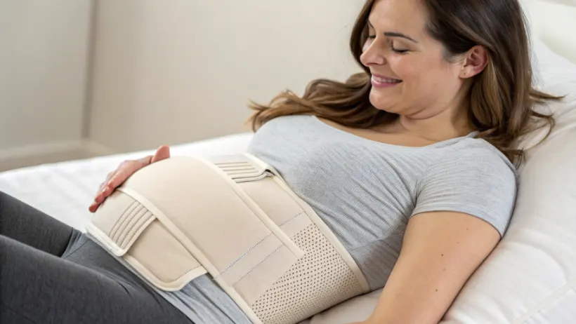 Woman wearing a post pregnancy belly band at home during postpartum recovery
