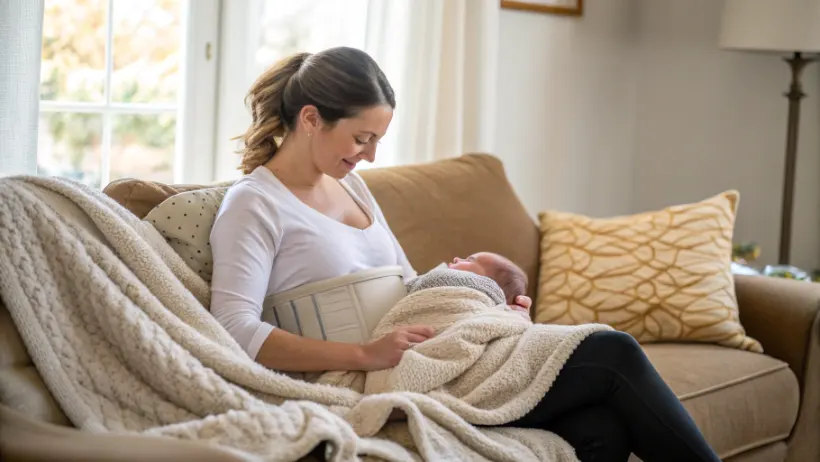 Woman wearing a Tauts postpartum belly wrap at home during early postpartum recovery